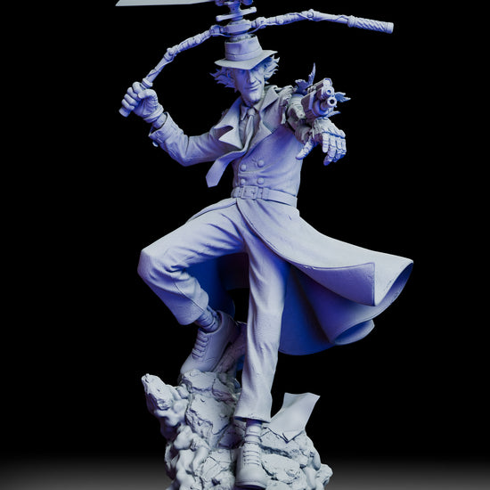 Full 360 degree turntable of the Inspector Gadget figure kit showing the flowing trench coat, propeller assembly, mechanical arm, and dynamic base from every angle.