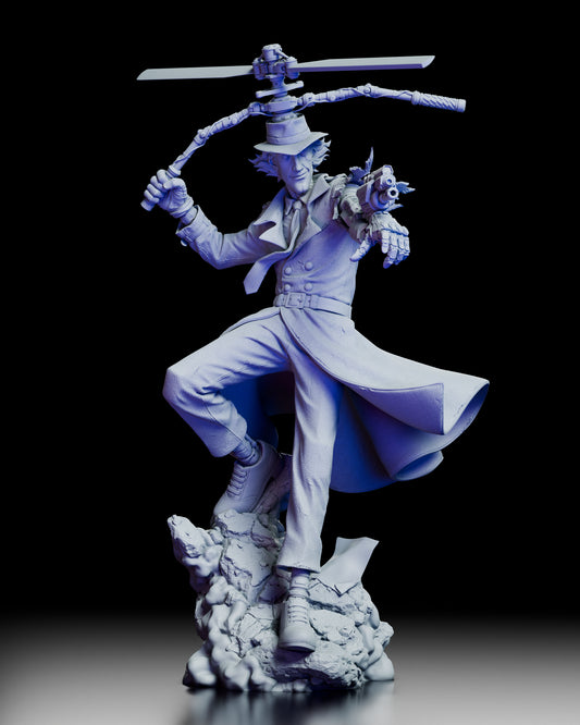 Full 360 degree turntable of the Inspector Gadget figure kit showing the flowing trench coat, propeller assembly, mechanical arm, and dynamic base from every angle.