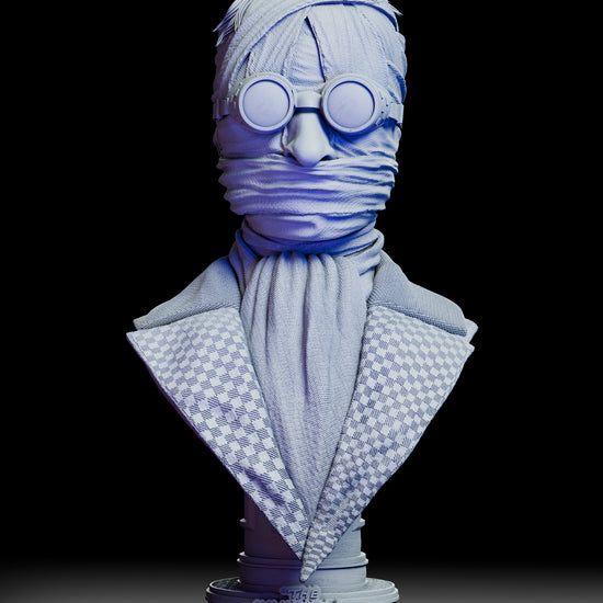 360-degree view of The Invisible Man portrait bust showcasing Claude Rains likeness and alternate head options with bandages and goggles