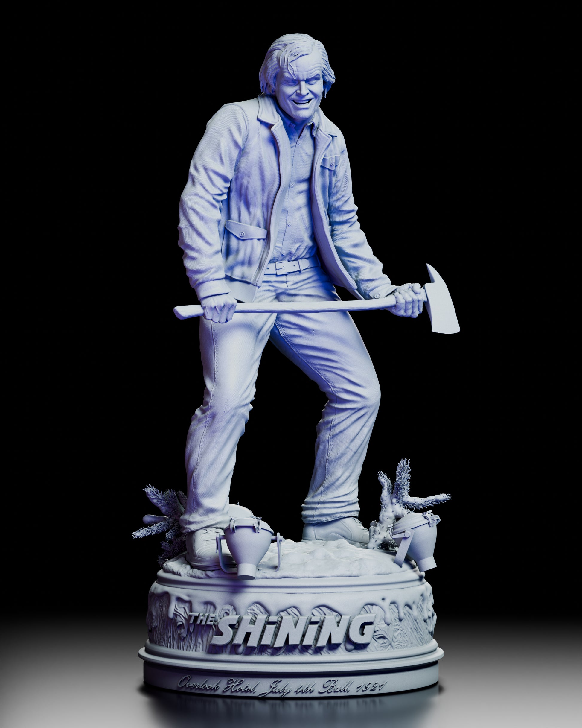360 degree rotation of the Jack Torrance figure kit from The Shining, displaying full sculpt details including facial expression, axe, jacket texture, and snow-covered Overlook Hotel base