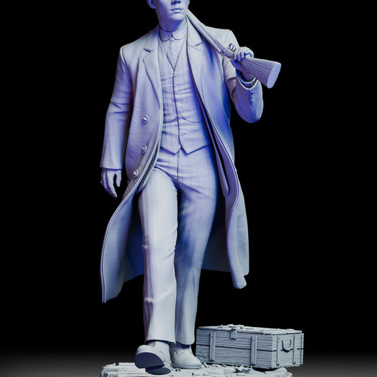 360 degree turntable view of the John Shelby Peaky Blinders figure model kit showcasing full sculpt detail, pose, and base from all angles