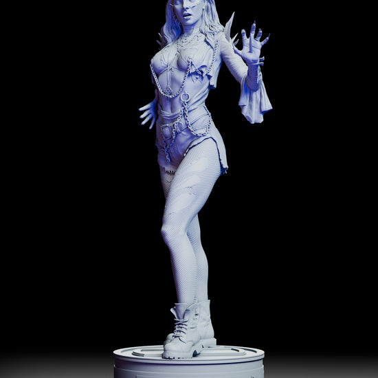 360 degree turntable video of the Julie Walker maquette from Return of the Living Dead 3, showing her mutated spikes, chains, torn clothing, expressive pose, and sculpted display base from every angle.