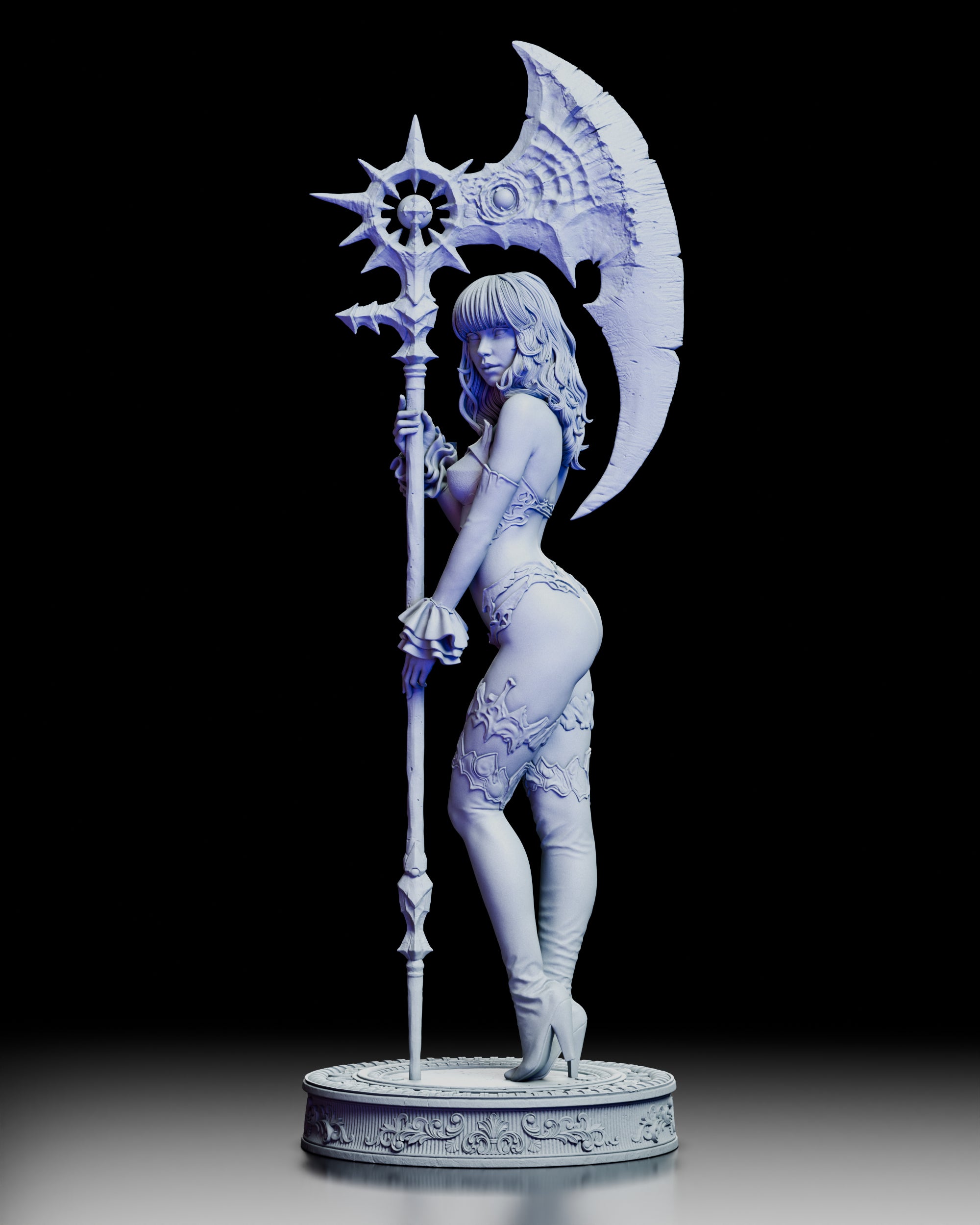 360-degree turntable video of Kaelira dark reaper warrior fantasy figure model kit showing all angles, ornate crescent blade staff details, flowing hair, decorative armor, flame patterns, scrollwork base, and unpainted resin finish