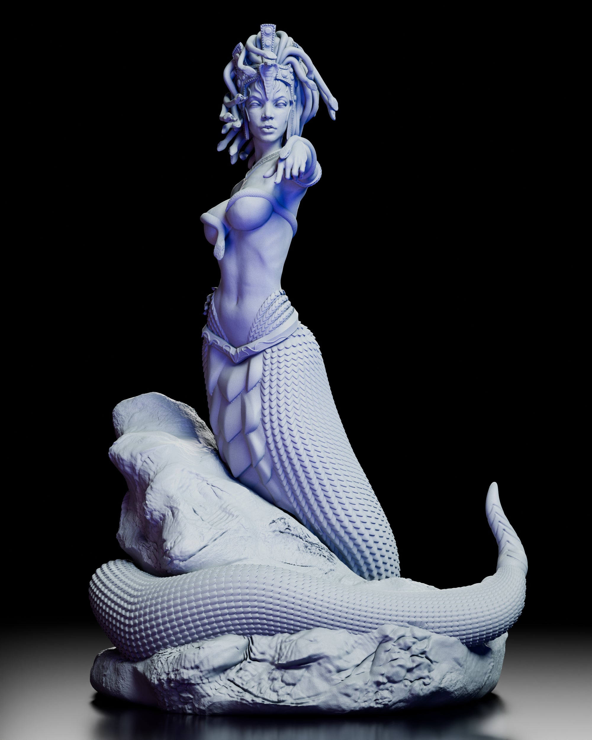 360-degree turntable view of The Gorgon Queen showcasing full serpent body, rock base, and intricate hair of living snakes