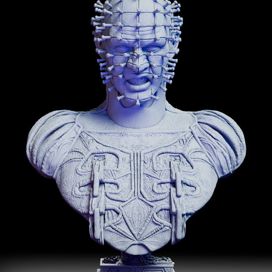 A full 360 degree rotation of The Hell Priest portrait bust showing the grid of embedded pins, carved chest patterns, textured flesh, and chained pedestal from every angle.

