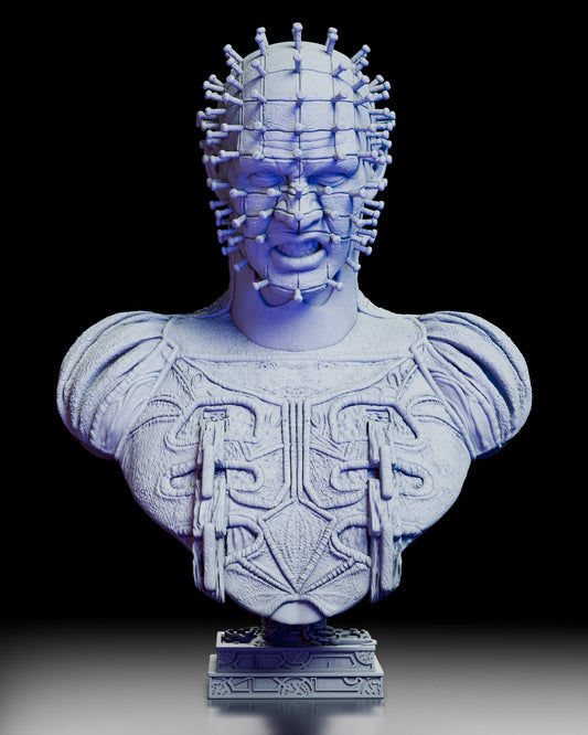 A full 360 degree rotation of The Hell Priest portrait bust showing the grid of embedded pins, carved chest patterns, textured flesh, and chained pedestal from every angle.
