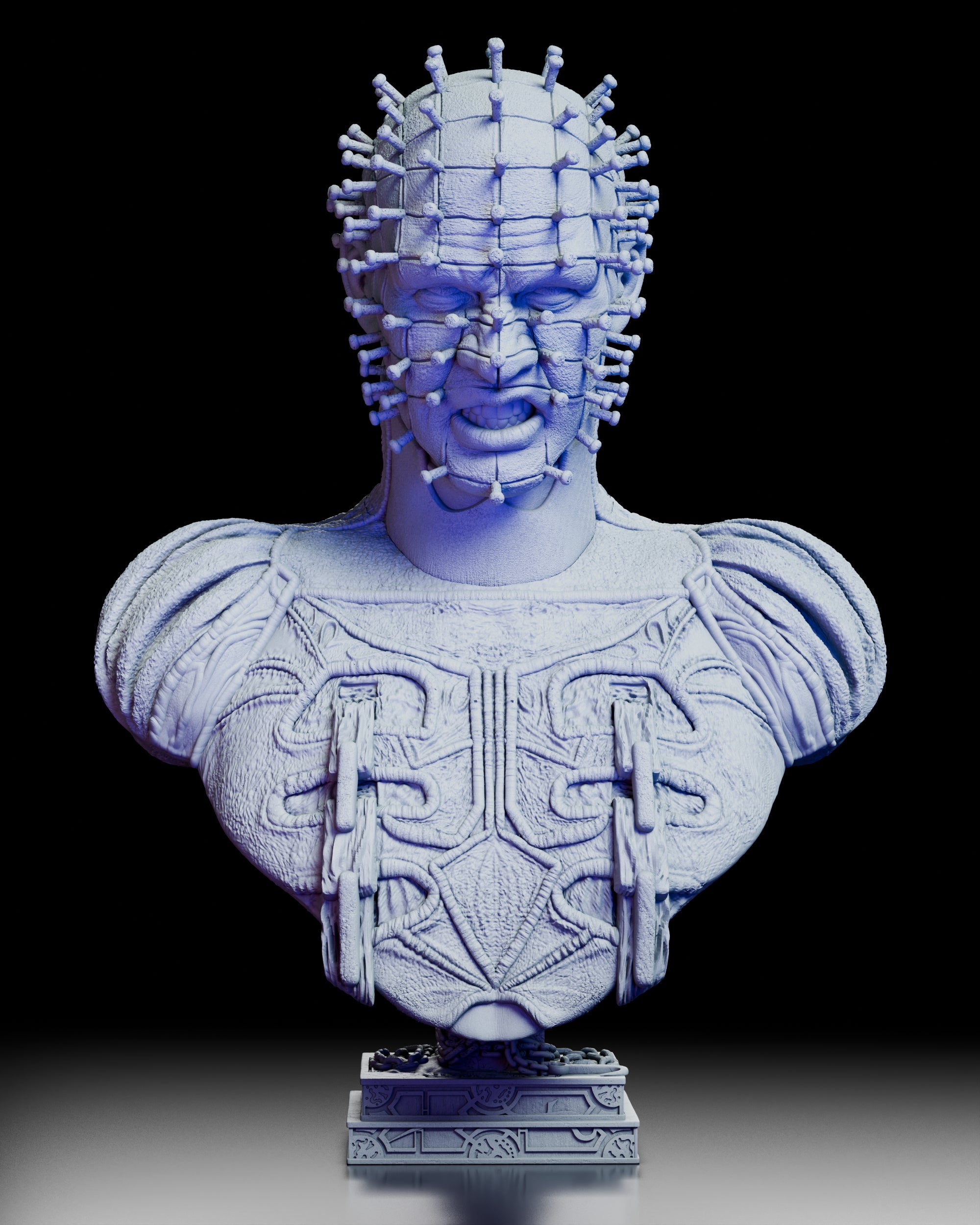 A full 360 degree rotation of The Hell Priest portrait bust showing the grid of embedded pins, carved chest patterns, textured flesh, and chained pedestal from every angle.
