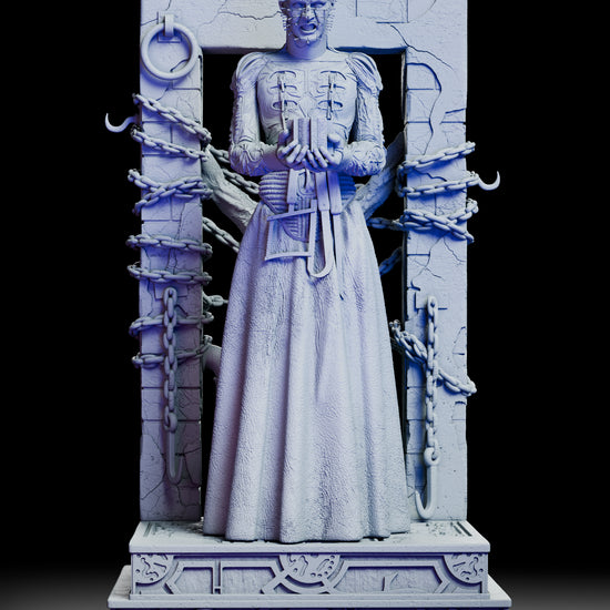 A full 360 degree rotation of The Hell Priest figure kit showing the robe textures, embedded pins, chained victim, torment frame, Lament Configuration, and sculpted base from all angles.