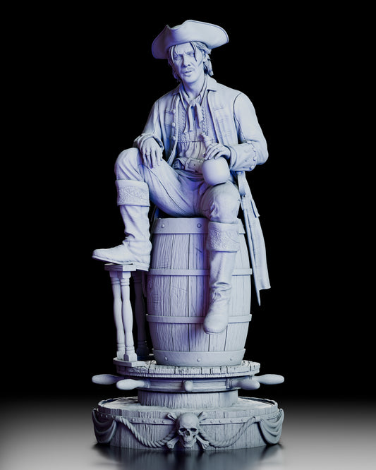 360 degree turntable view of Jack Rackham pirate figure model kit showing seated pose on barrel with nautical base, swappable portraits, and detailed pirate attire