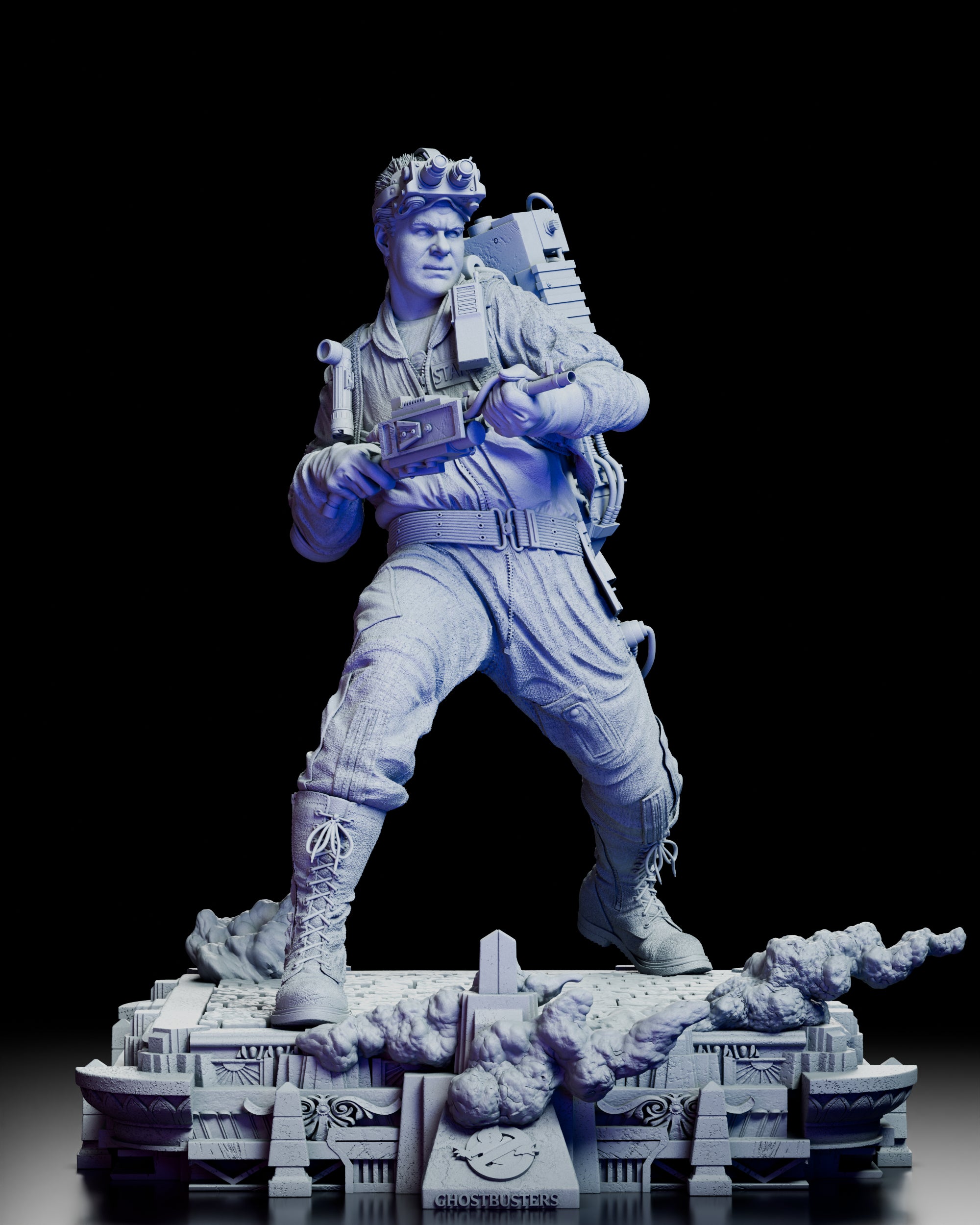 360-degree view of Ray Stantz resin figure kit revealing full pose, base design, and sculptural detail