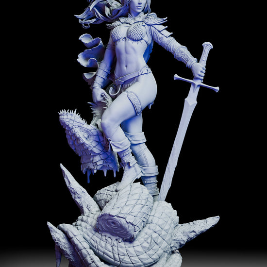 360 degree turntable view of The Red Haired Warrior figure model kit standing over a defeated serpent showcasing full sculpt detail from all angles