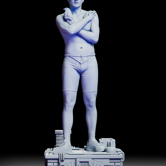 A full rotating view of the Roy Batty figure kit showing detailed anatomy, the iconic dove in his arms, and the sci-fi rooftop base from every angle.