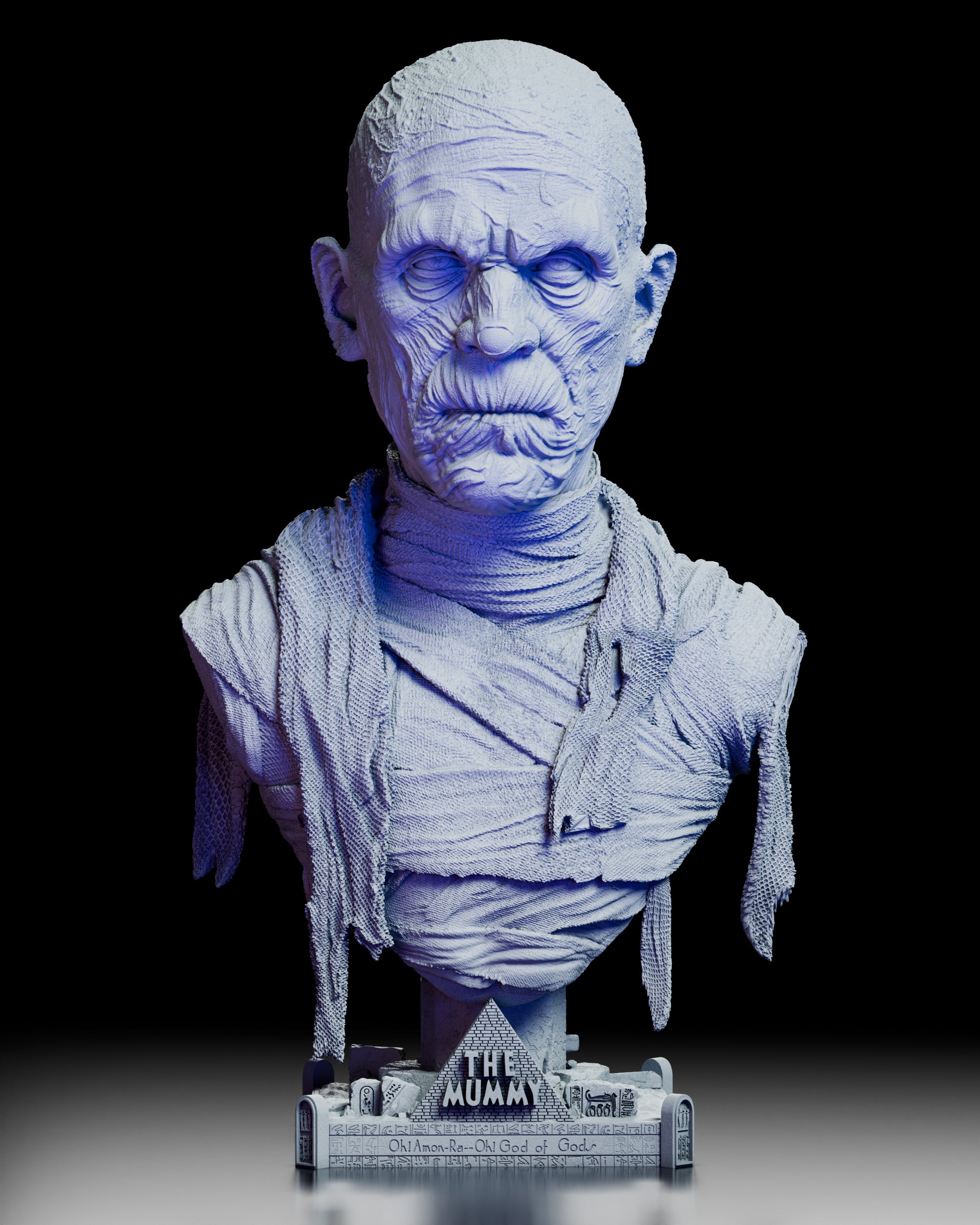 360-degree turntable view of The Mummy portrait bust, showcasing Boris Karloff’s detailed sculpt, bandaged textures, and hieroglyphic display base from all angles