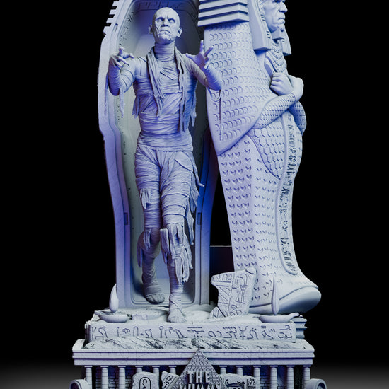 360-degree turntable of The Mummy diorama resin figure kit, showcasing Boris Karloff’s likeness, detailed bandages, and Egyptian-inspired base from all angles