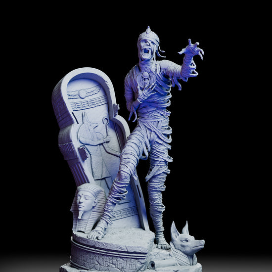 360 degree turntable view of The Pharaohs Curse Egyptian mummy figure model kit showcasing full sculpt, dynamic pose, and detailed Egyptian themed base from all angles