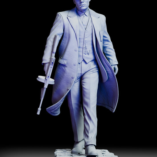 360 degree turntable view of the Thomas Shelby figure model kit showcasing the full sculpt, dynamic walking pose, tailored clothing textures, and detailed display base from all angles