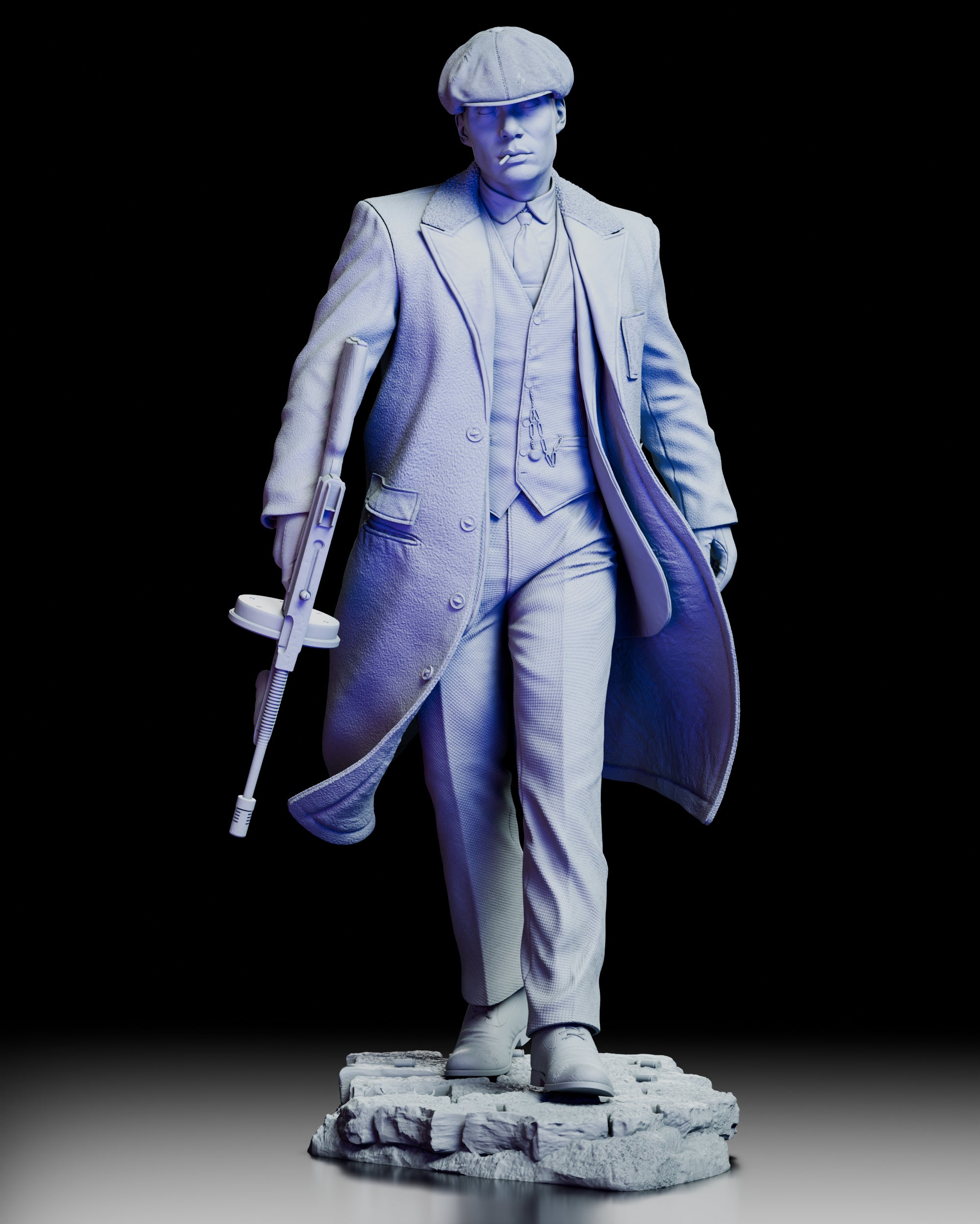 360 degree turntable view of the Thomas Shelby figure model kit showcasing the full sculpt, dynamic walking pose, tailored clothing textures, and detailed display base from all angles