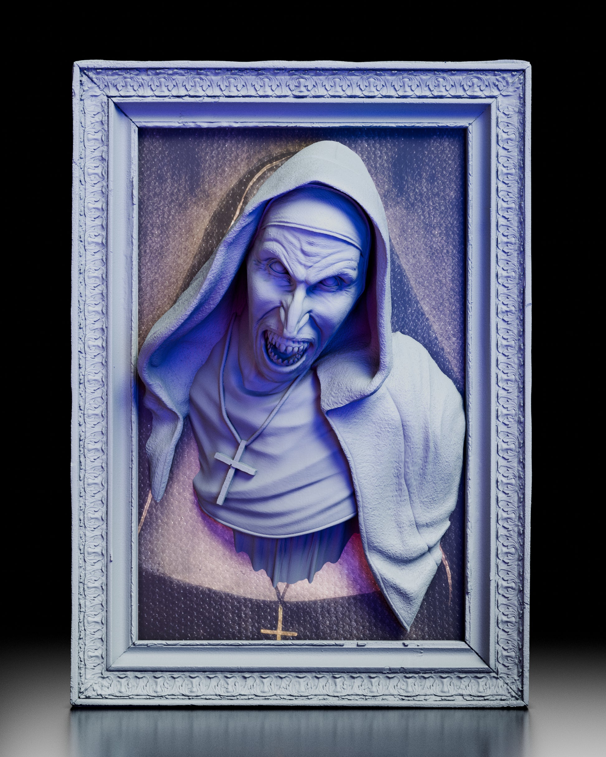 A 180 degree turntable view of the Valak wall portrait bust kit showing the snarling face, hooded habit textures, cross necklace, and the ornate frame as the piece rotates for a full view of the sculpt and frame depth.
