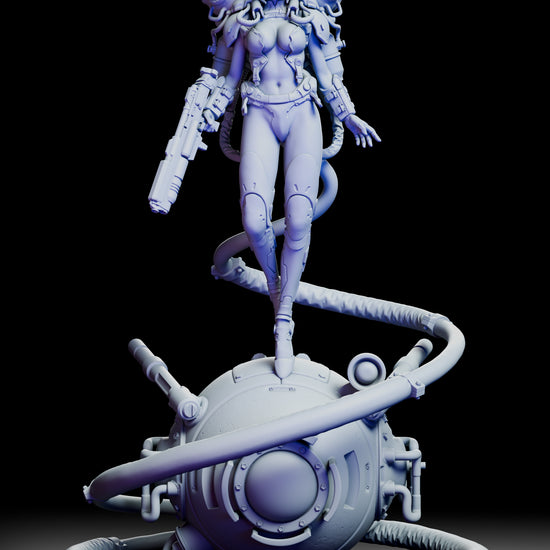 360 degree turntable view of a retro futuristic female space explorer standing on a spherical reactor base connected by thick cables to her mechanical backpack and weapon system