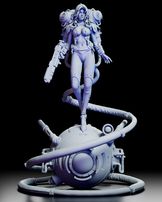 360 degree turntable view of a retro futuristic female space explorer standing on a spherical reactor base connected by thick cables to her mechanical backpack and weapon system