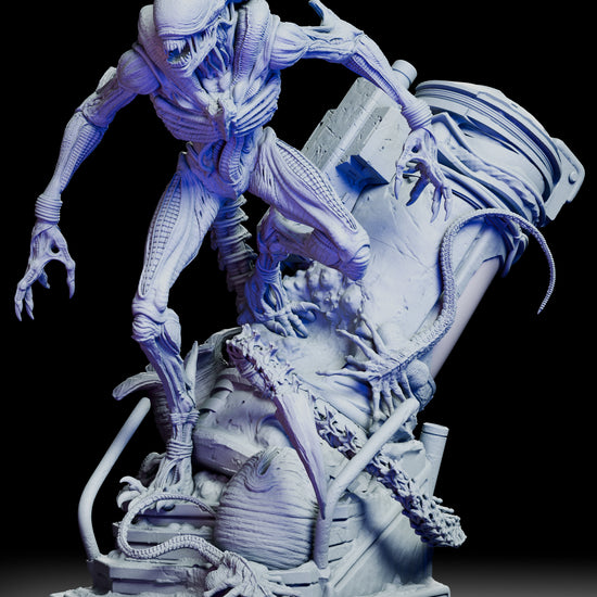 A full rotating 360-degree view of The Perfect Organism Xenomorph figure kit, showing the creature’s biomechanical anatomy, coiled tail, dynamic pose, and industrial diorama base from every angle.