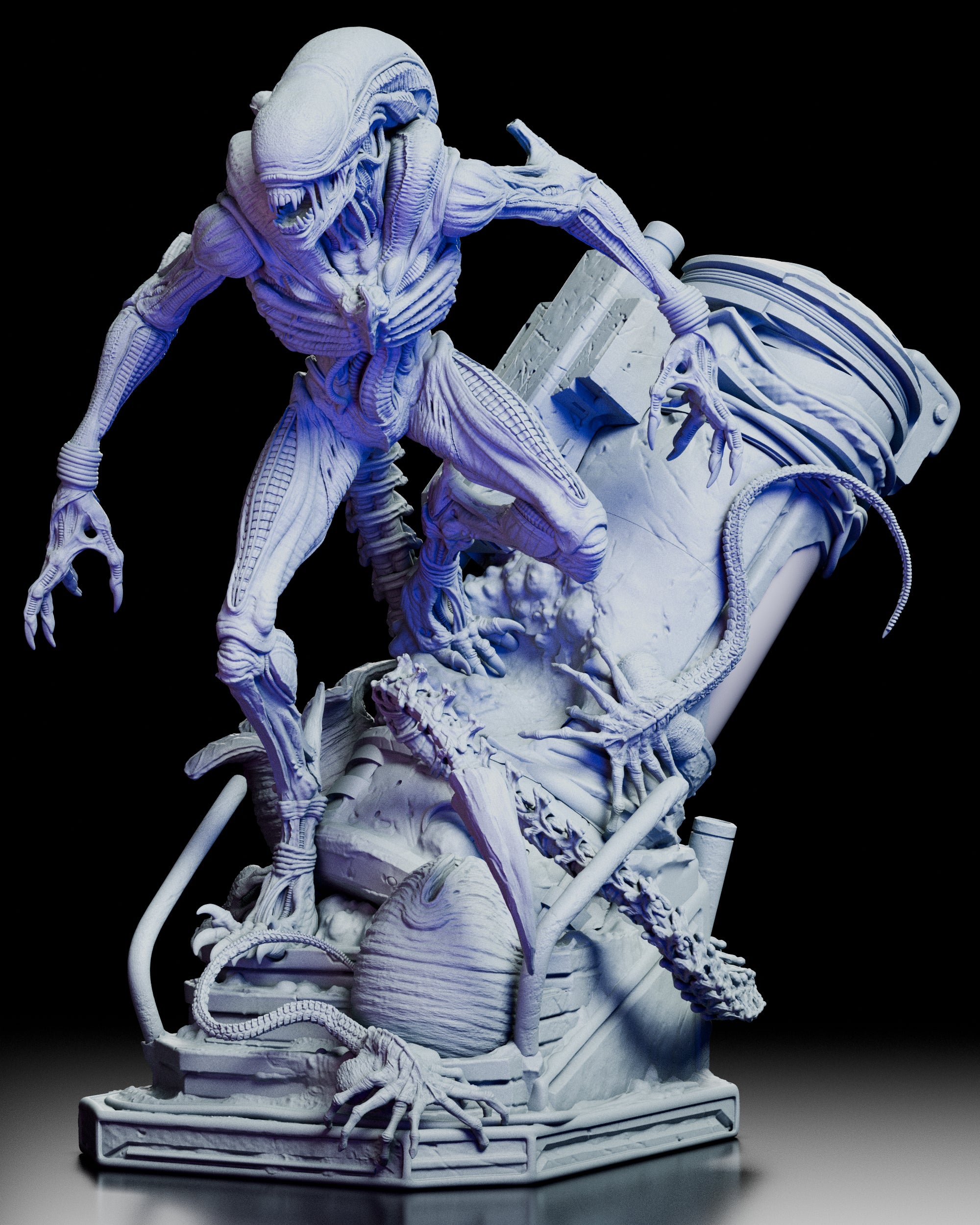 A full rotating 360-degree view of The Perfect Organism Xenomorph figure kit, showing the creature’s biomechanical anatomy, coiled tail, dynamic pose, and industrial diorama base from every angle.