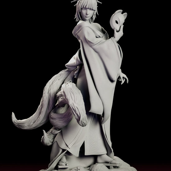 Turntable video of the Amaterasu Kitsune figure model kit showing a fox-eared woman in a kimono holding a fox mask with a full tail on a rocky base