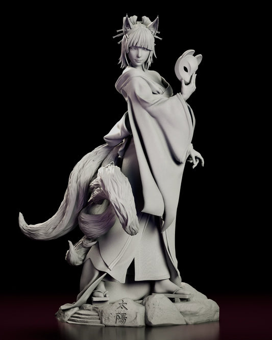 Turntable video of the Amaterasu Kitsune figure model kit showing a fox-eared woman in a kimono holding a fox mask with a full tail on a rocky base