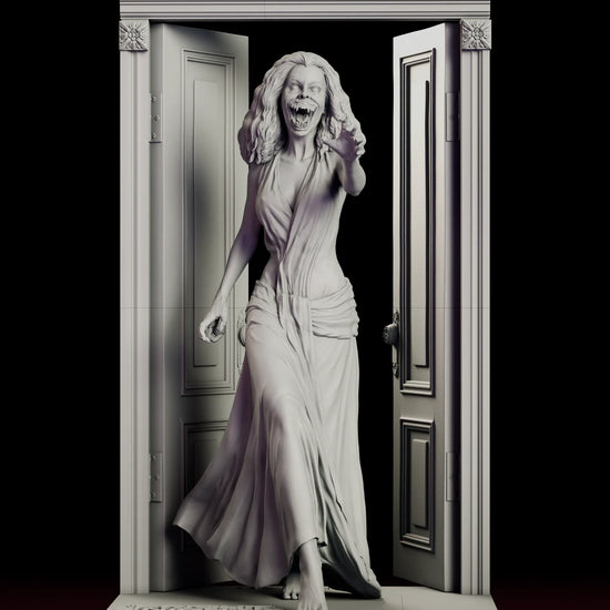 Rotating 360 degree view of the Amy Peterson figure model kit showing the transformed vampire stepping through a pair of open double doors on a full doorway diorama base