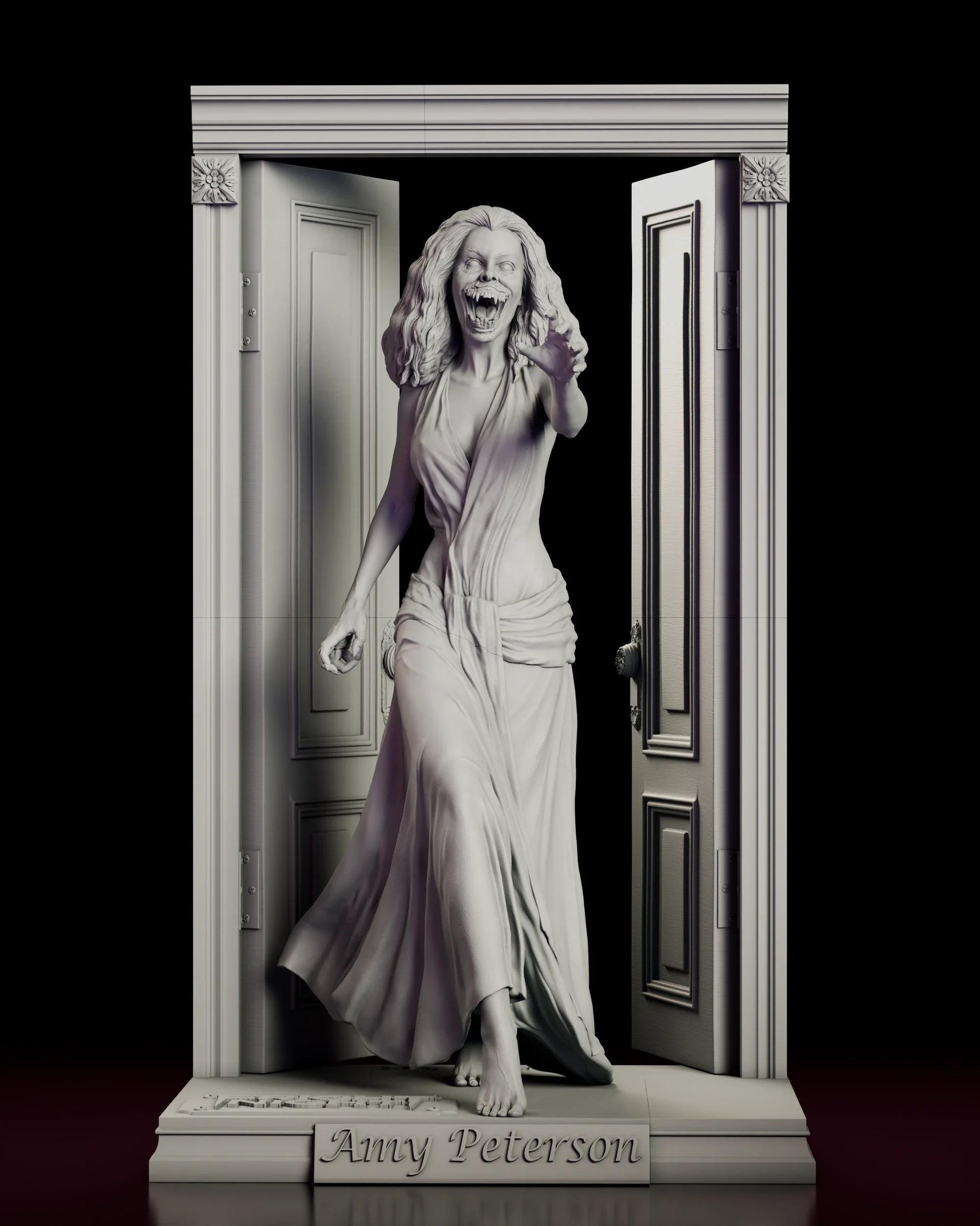 Rotating 360 degree view of the Amy Peterson figure model kit showing the transformed vampire stepping through a pair of open double doors on a full doorway diorama base
