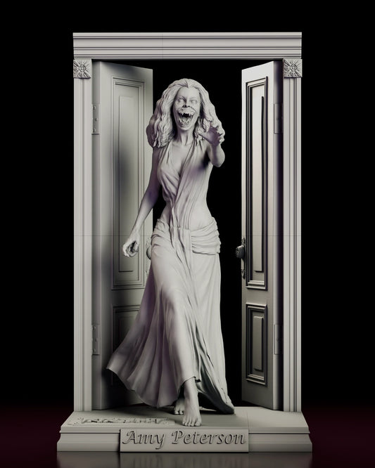 Rotating 360 degree view of the Amy Peterson figure model kit showing the transformed vampire stepping through a pair of open double doors on a full doorway diorama base