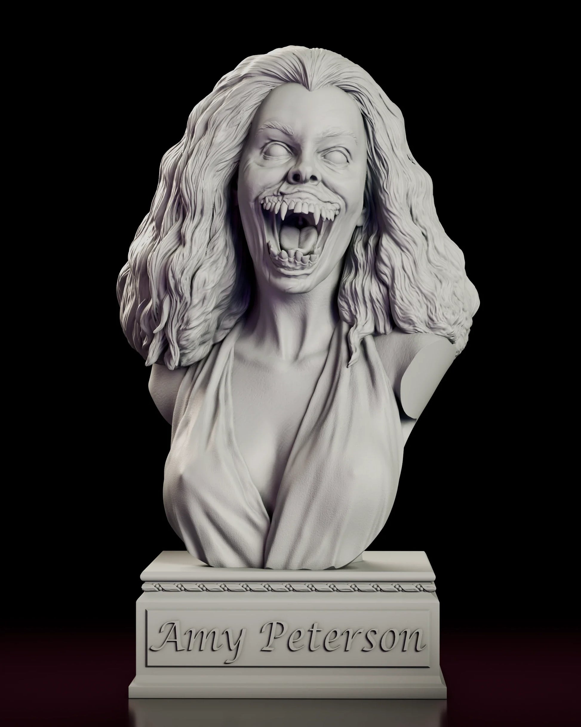Rotating view of the Amy Peterson figure model kit showing the vampire transformation bust on a plinth carved with her name