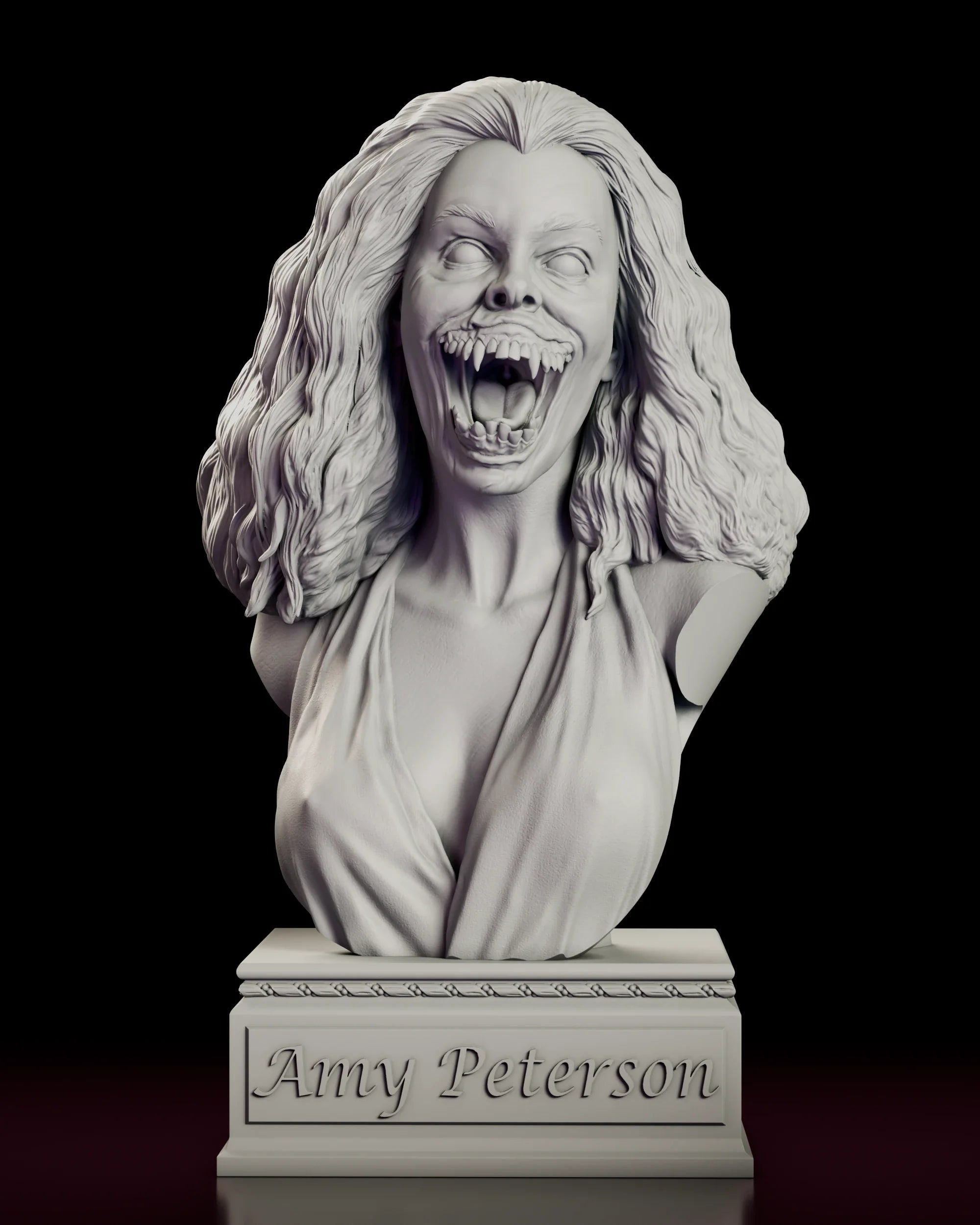 Rotating view of the Amy Peterson figure model kit showing the vampire transformation bust on a plinth carved with her name