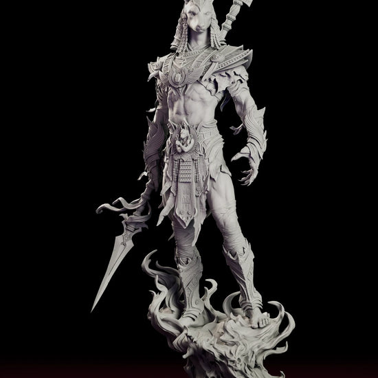 Turntable video of the Anubis Keeper of Souls figure model kit showing the jackal-headed god with a blade and ankh staff striding from a swirling base