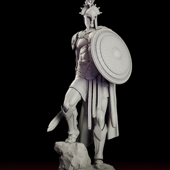 Turntable video of the Ares The Warbringer figure model kit showing the war god in a crested helmet with a round shield and sword, one foot on a rock