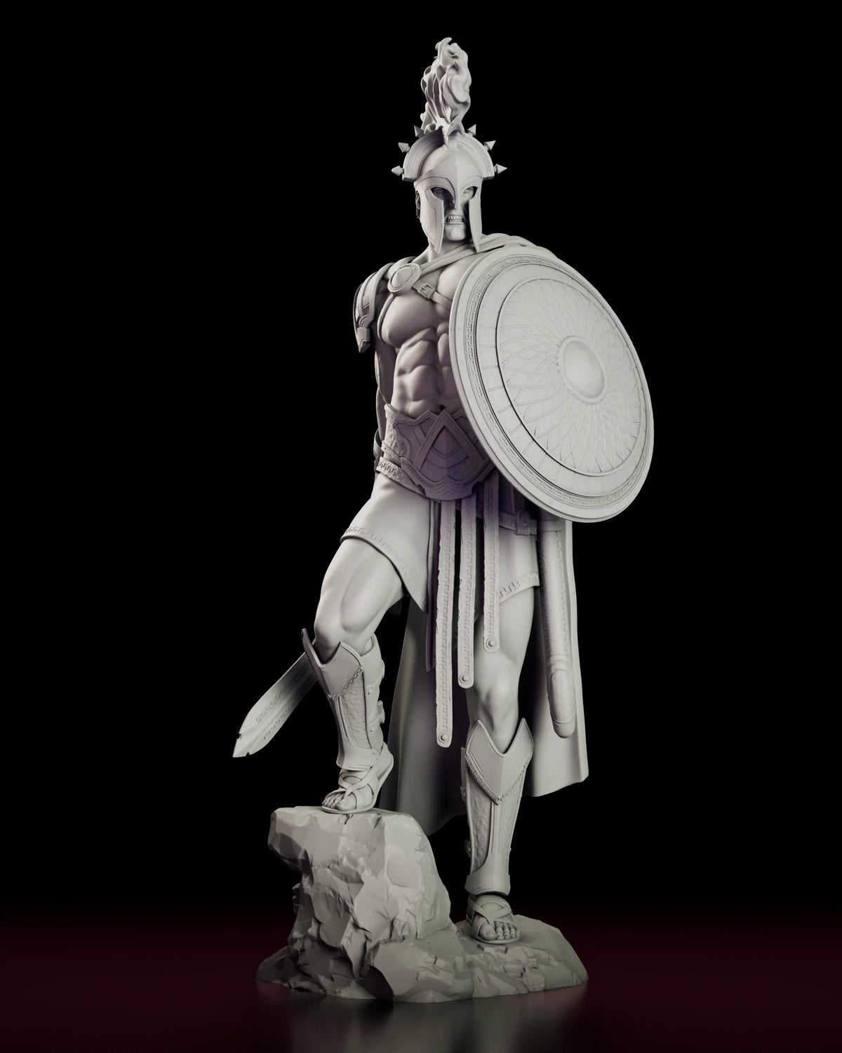 Turntable video of the Ares The Warbringer figure model kit showing the war god in a crested helmet with a round shield and sword, one foot on a rock