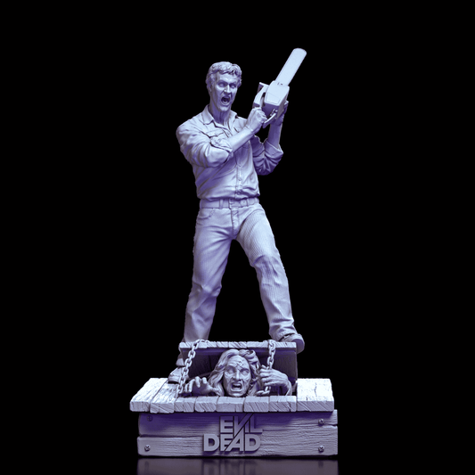 360 degree turntable view of Ash from Evil Dead model kit highlighting full chainsaw pose, base details, and dramatic sculpting from all sides