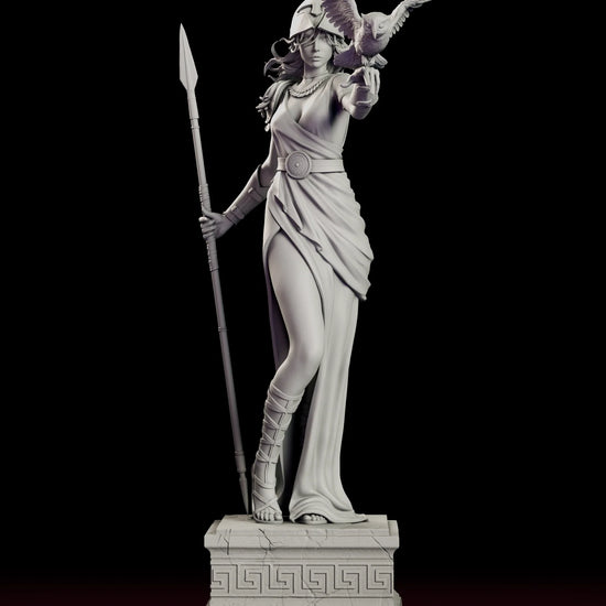 Turntable video of the Athena Keeper of Wisdom figure model kit showing the goddess holding a grounded spear as an owl takes flight from her outstretched hand on a Greek key plinth