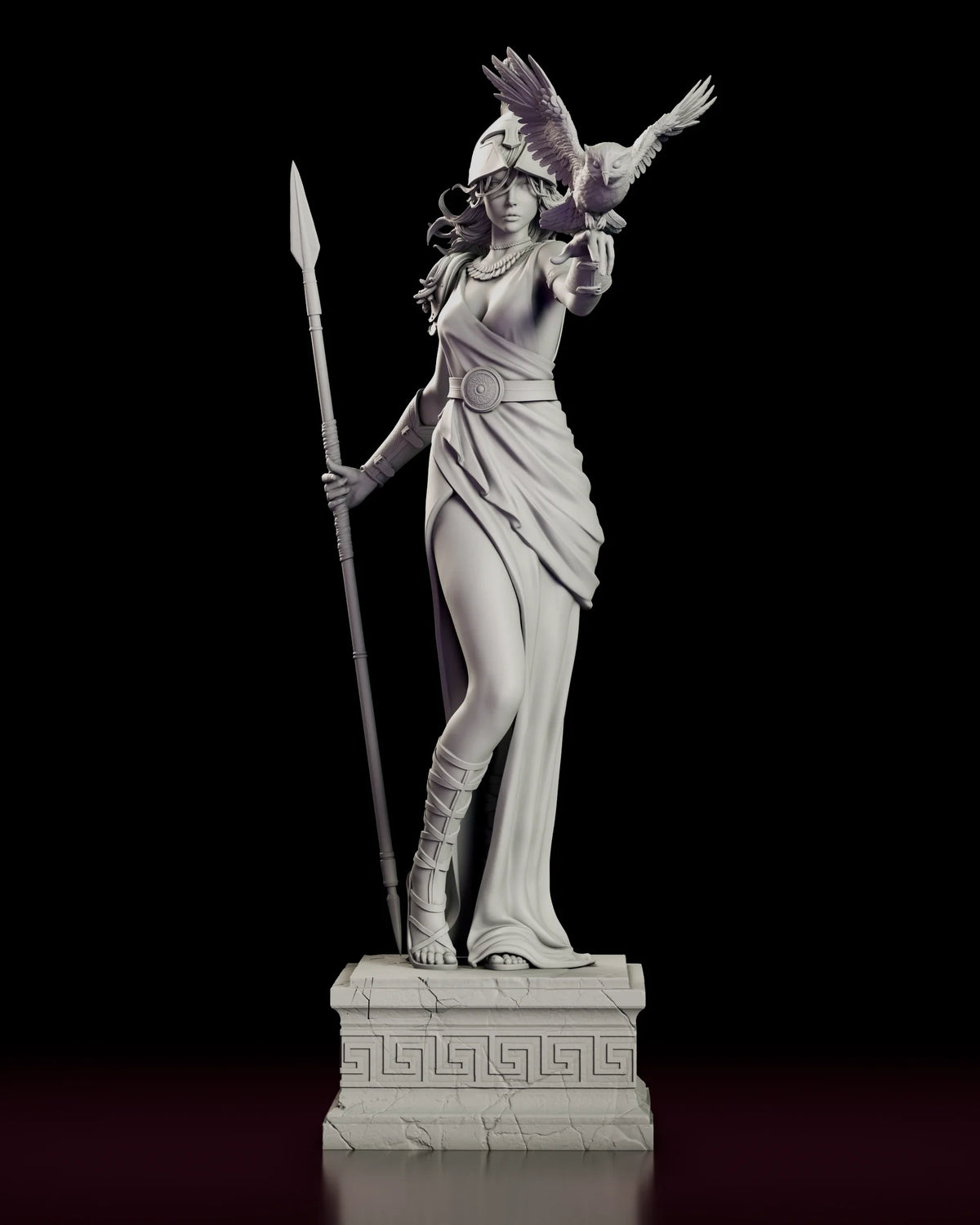 Turntable video of the Athena Keeper of Wisdom figure model kit showing the goddess holding a grounded spear as an owl takes flight from her outstretched hand on a Greek key plinth