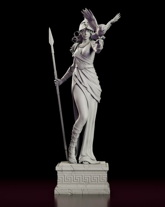 Turntable video of the Athena Keeper of Wisdom figure model kit showing the goddess holding a grounded spear as an owl takes flight from her outstretched hand on a Greek key plinth