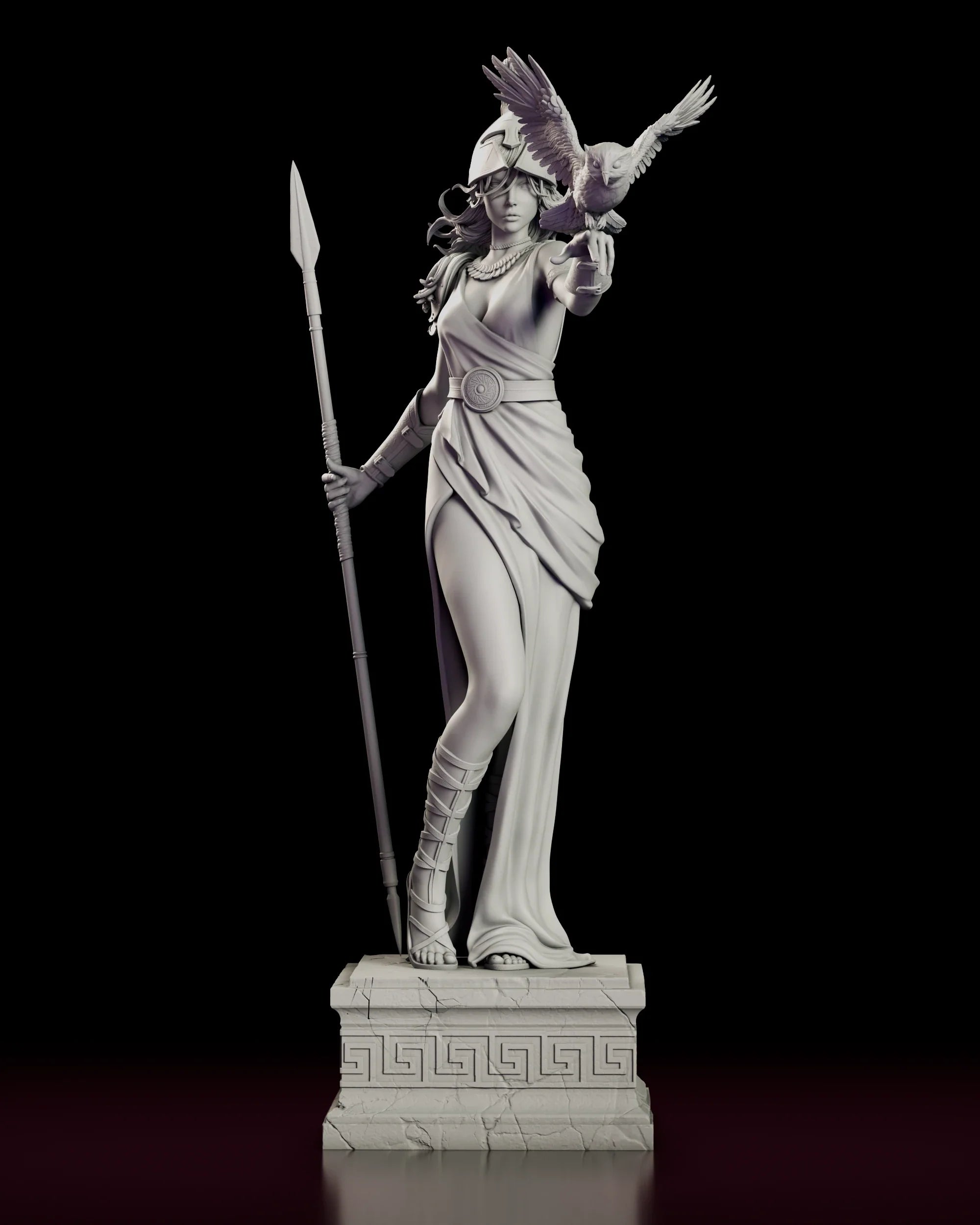 Turntable video of the Athena Keeper of Wisdom figure model kit showing the goddess holding a grounded spear as an owl takes flight from her outstretched hand on a Greek key plinth
