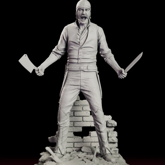 Rotating 360 degree view of the Bill the Butcher figure model kit, standing astride a broken brick wall with a cleaver in one hand and a long knife in the other and blades driven into the cobbles at his feet