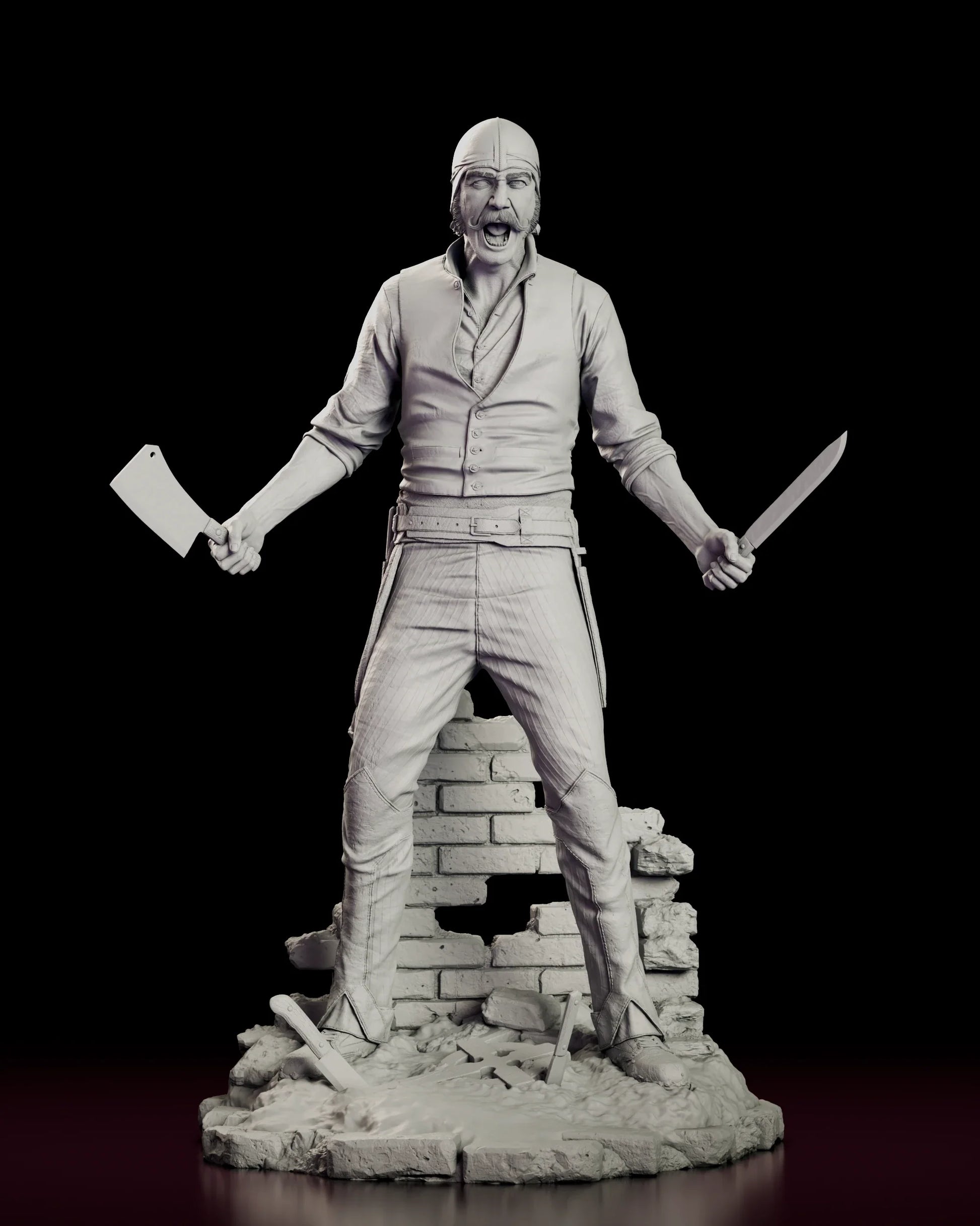 Rotating 360 degree view of the Bill the Butcher figure model kit, standing astride a broken brick wall with a cleaver in one hand and a long knife in the other and blades driven into the cobbles at his feet