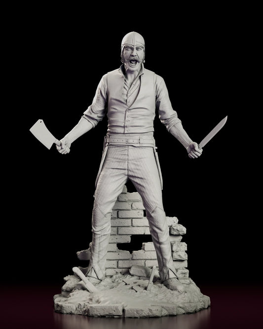 Rotating 360 degree view of the Bill the Butcher figure model kit, standing astride a broken brick wall with a cleaver in one hand and a long knife in the other and blades driven into the cobbles at his feet