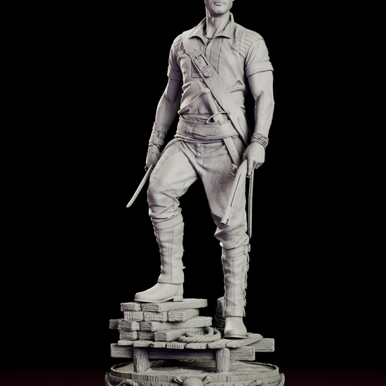 A 360 degree turntable of the Billy Bones figure model kit standing on ship's planking with a cutlass and flintlock pistol.