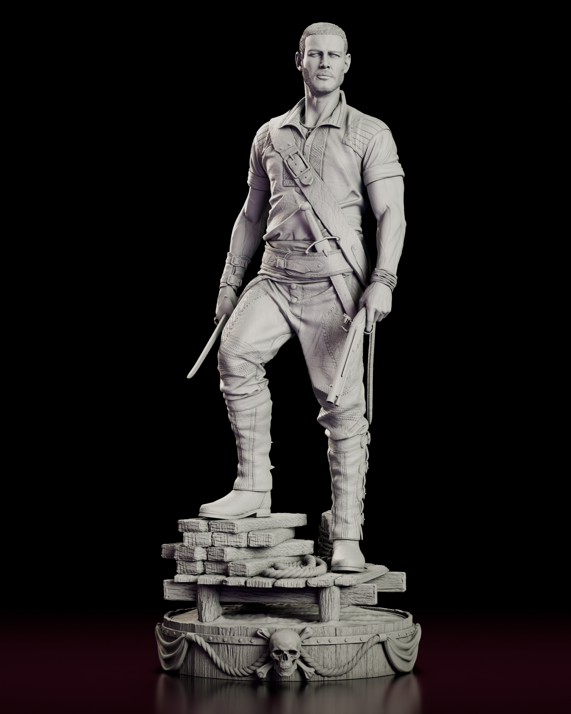 A 360 degree turntable of the Billy Bones figure model kit standing on ship's planking with a cutlass and flintlock pistol.