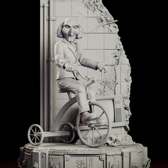 Rotating view of the Billy the Puppet figure model kit, a suited puppet with a hinged jaw and spiral cheeks riding a tricycle on a riveted platform in front of a broken tiled wall with a toppled television and a skull in the rubble