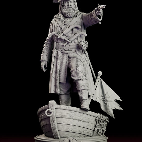 Rotating 360 degree view of the Blackbeard figure model kit, standing on a beached longboat hull with a levelled flintlock, a bandolier of pistols across his chest and a tattered pirate flag at his heel