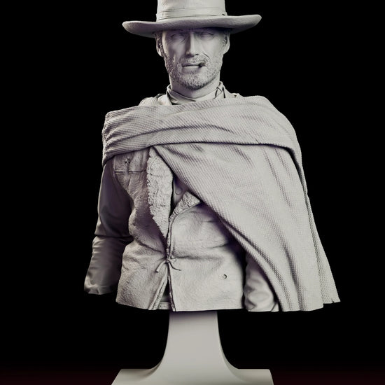 Turntable video of the Blondie The Man With No Name Bust figure model kit showing the drifter in hat and woven poncho on a square pedestal