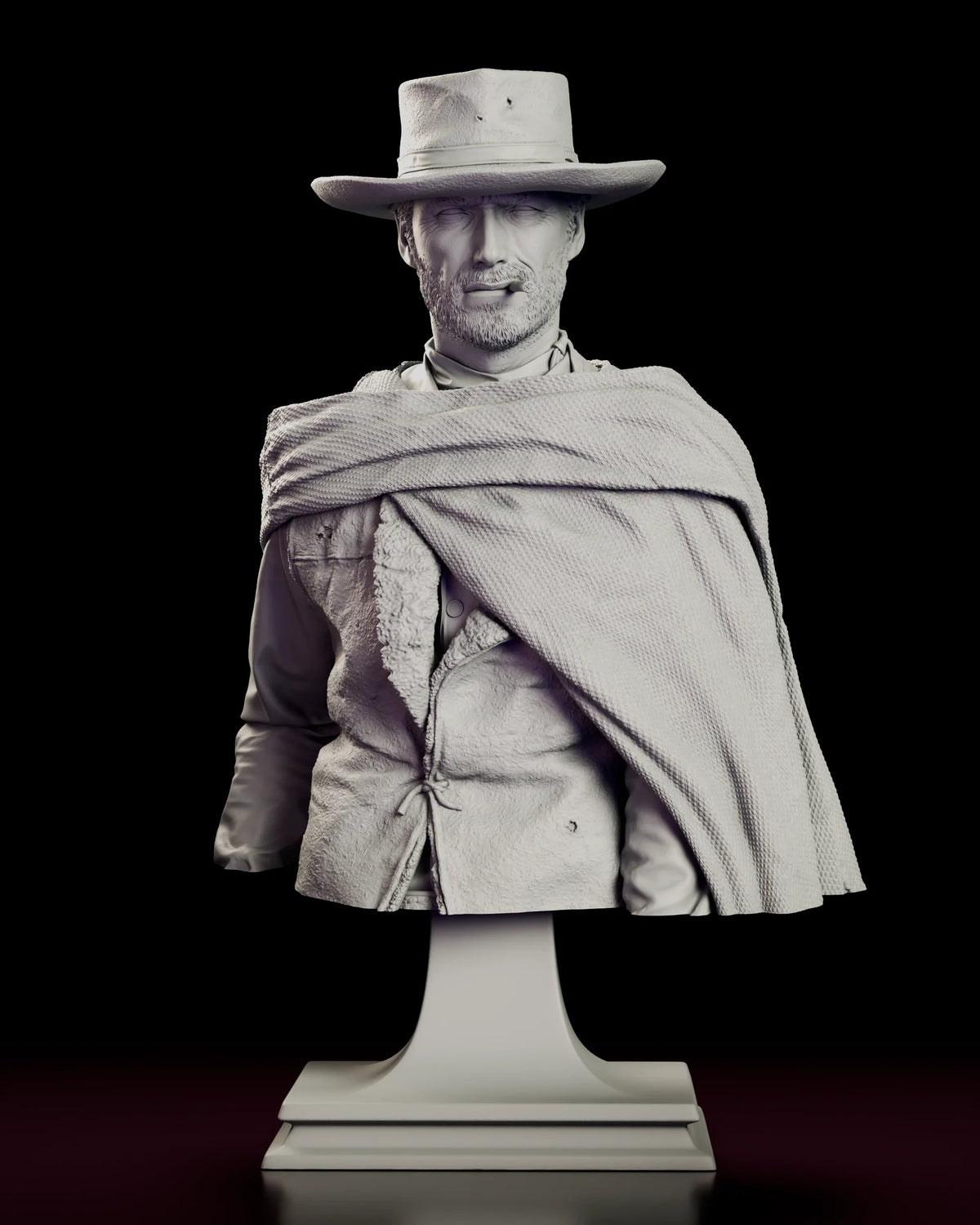 Turntable video of the Blondie The Man With No Name Bust figure model kit showing the drifter in hat and woven poncho on a square pedestal